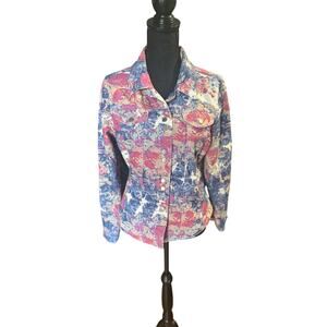 LAL Live A Little Floral Denim Shirt Jacket Button Front Pink Blue